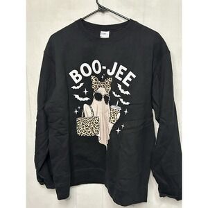 Boo-Jee Halloween Sweatshirt Ghost Leopard Print Port & Company Size Large Black